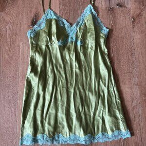 VTG Y2K Gold Hawk 100% Silk Lace Slip Dress in Green and Baby Blue Size Medium